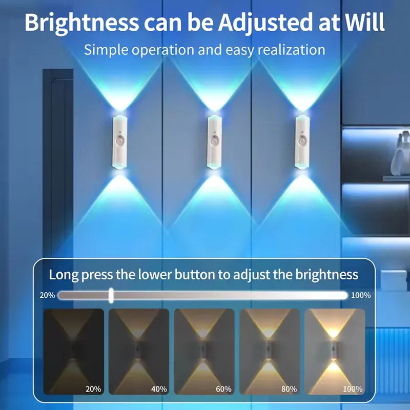 LED Night Light with Motion Sensor Double-head Magnetic Wall Lamp Rechargeable RGB/3-Color Adjustable for Cabinet Hallway Stair