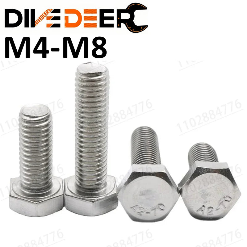 DIVEDEER 10PC/20PC M4 M5 M6 M8 A2-70 304 Stainless Steel Metric Thread DIN933 Hex Bolt External Hexagon Head Screw L=6-100mm