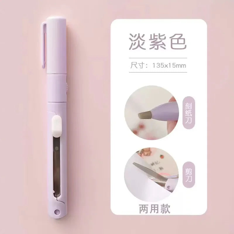 1pc Mini Portable Scissors Paper Cutter Knife 2 In 1 Multifunctional Pocket Pen Shape Scrapbooking Carving Cutting Art Tools