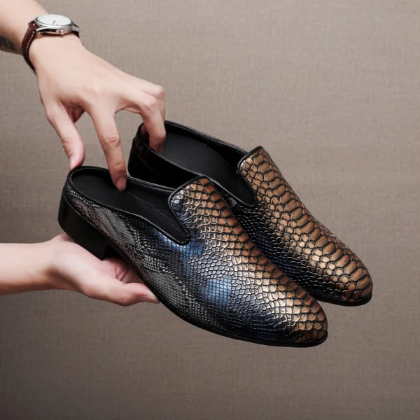 Big Size Mens Backless Mules Pointed Toe Slip on Loafers Men Low Heel Python Pattern Half Slippers Party Dress Shoes