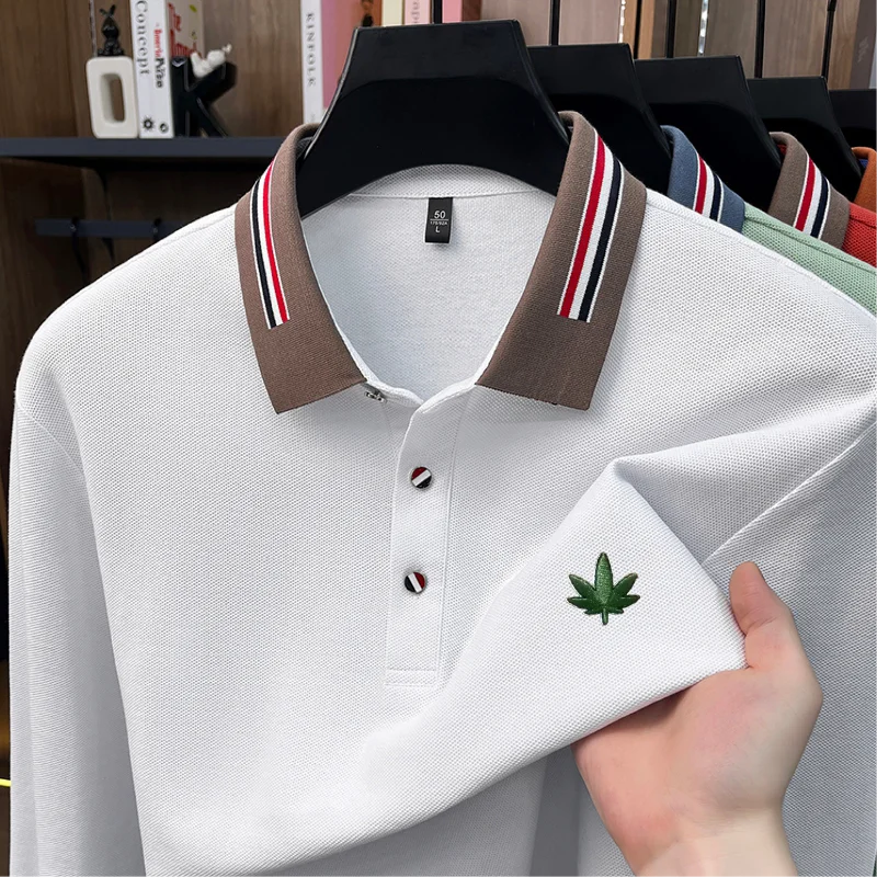 100% Cotton Man Long-Sleeved Polo Shirt Lapel Button Color Blocking Leaf Embroidery Autumn New Polo Shirt Leisure Men's Clothing