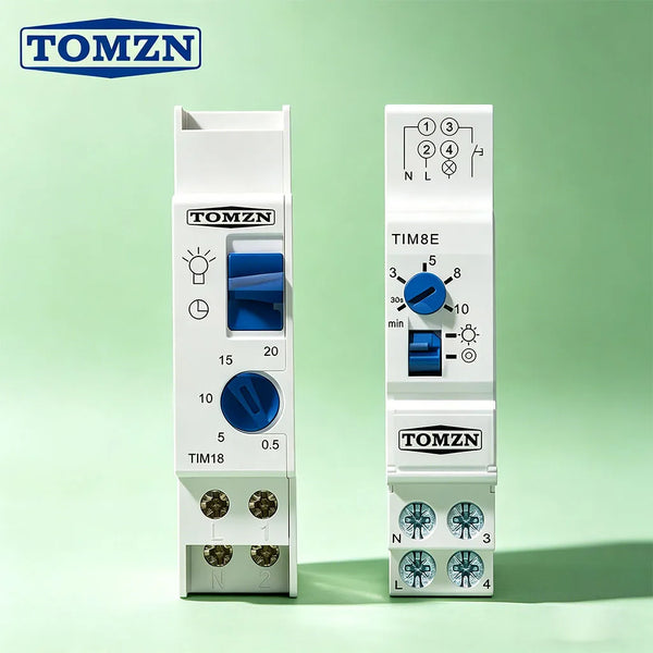 TOMZN DIN Rail Staircase Timer Switch – Delay-On/Off Relay, 0.5–20 Min, Momentary Switch, for Circuit Breaker & Street Lamp