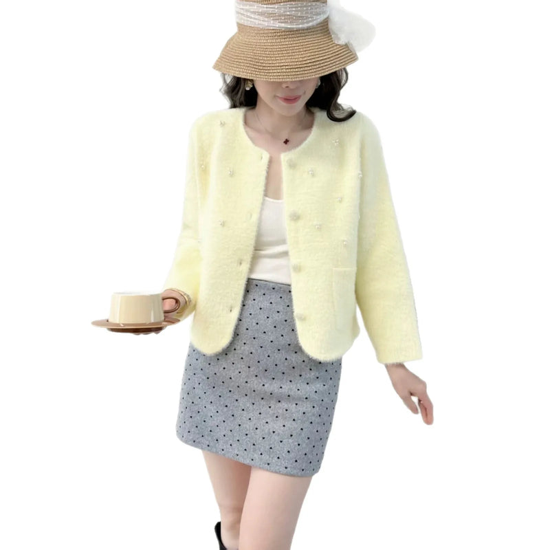 Korean Fashion Knitted Cardigan Jacket Women's Autumn Winter Top New Temperament Crew Neck Sweater Single Breasted Coat Female