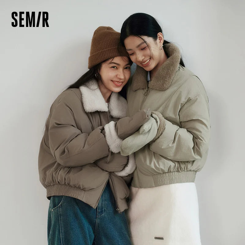 Semir Cotton Coat Women Winter Fleece Lapel Glove Loose Paneled Textured 2025 New Fashion Retro Casual Cotton Jacket