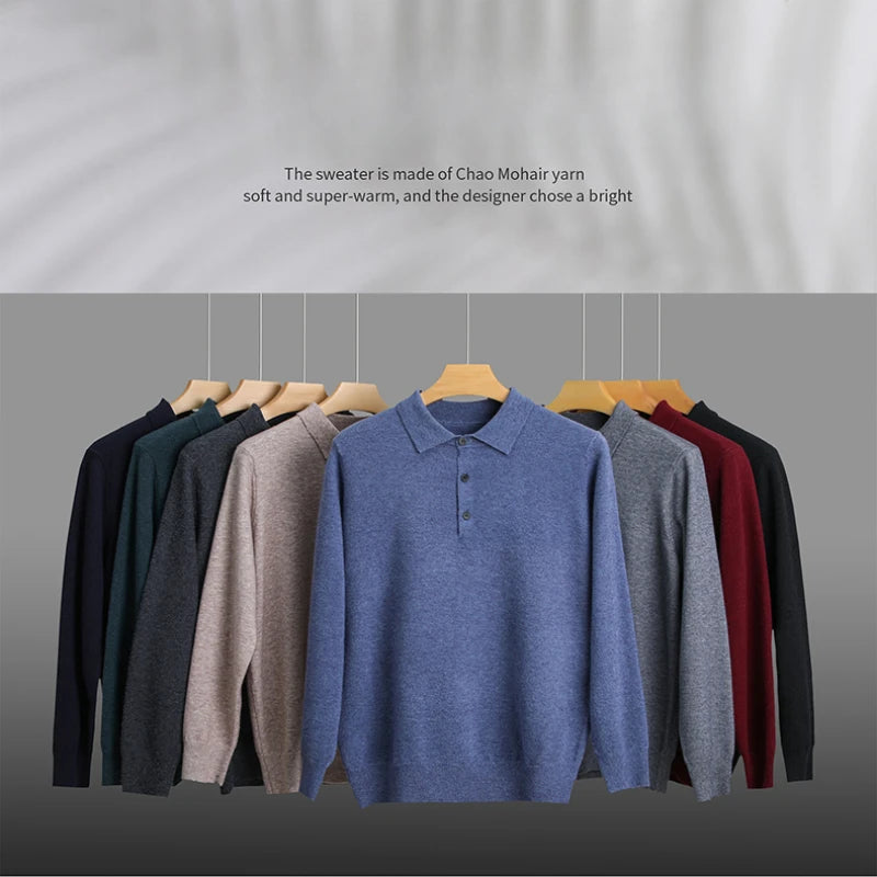 Men's Lapel Solid Color Woolen Sweater, Autumn & Winter New Stretch Top, Daily Leisure Pullover Knitwear, Business POLO