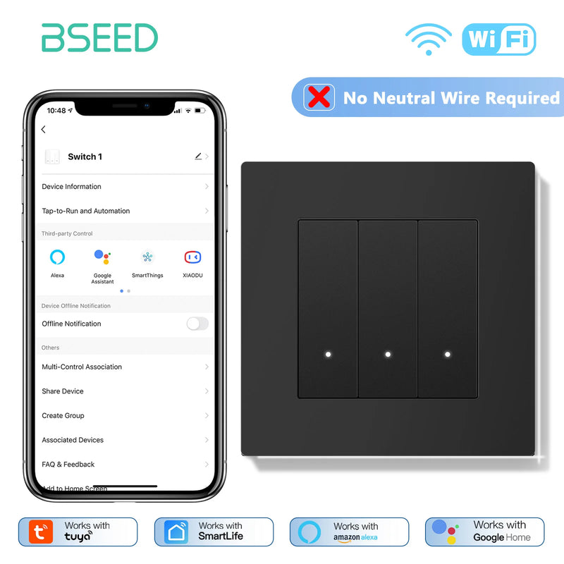 BSEED E Series WIFI Light Switch 1/2/3/4Gang Smart Click Button Switch Plastic Frame LED Indicator Tuya Smart Life No Neutral