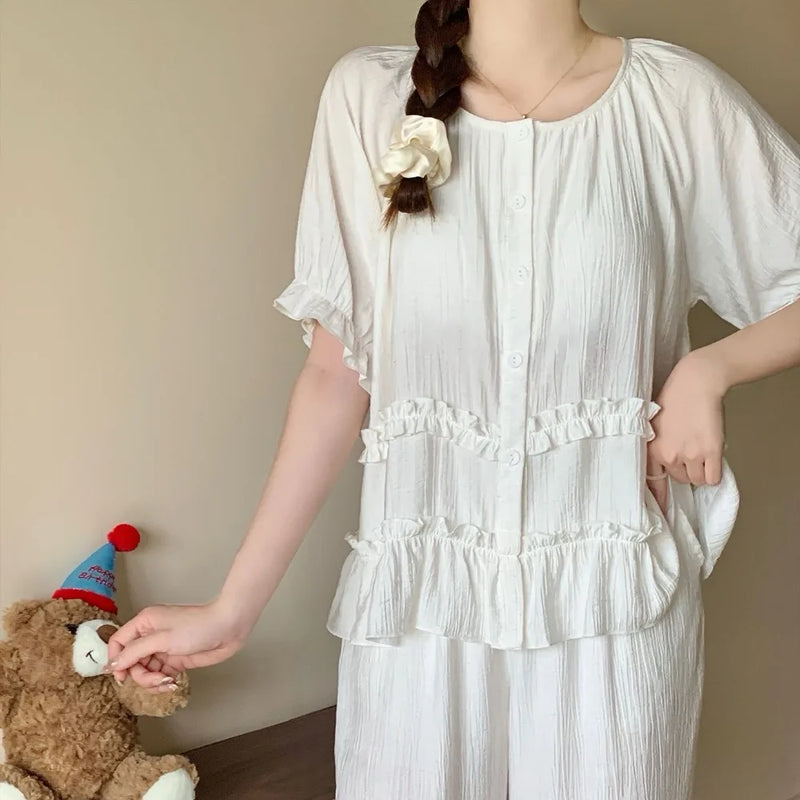 Summer New Short Sleeve Sleepwear Women's Button Cardigan Home Nightwear Casual Trousers Ladies Pajamas Suit Loungewear Pyjama