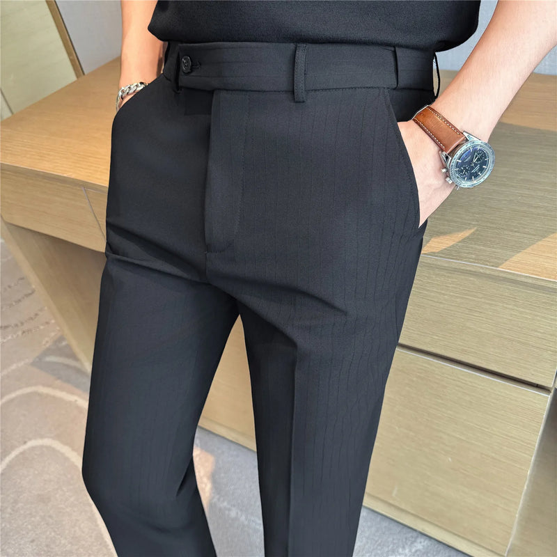 2026 Men's Slim Fit Striped Dress Pants Brown Formal Business Suit Trousers for Office And Wedding Wear High-Quality