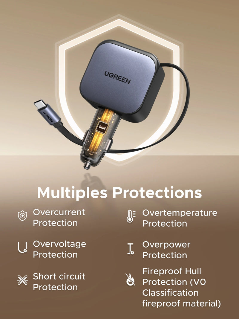 UGREEN 60W Retractable Car Charger Fast Charge for iPhone Samsung Mobile Phone Car Charger