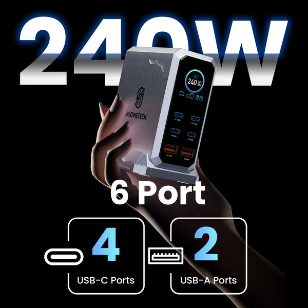 ឆ្នាំងសាក GaN ឌីជីថល 240W PD3.1 140W USB ប្រភេទ C 6 រន្ធ ស្ថានីយសាកថ្មលឿនសម្រាប់ iPhone Samsung Xiaomi MacBook កុំព្យូទ័រយួរដៃ