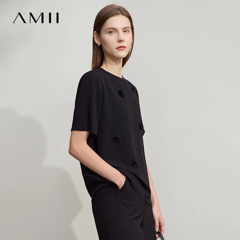 អាវធំ Amii សម្រាប់នារី ម៉ូដថ្មី កអាវរាងអក្សរ O រាងផ្កាបីវិមាត្រ ដៃខ្លី រលុង រចនាបទសាមញ្ញ 12552027