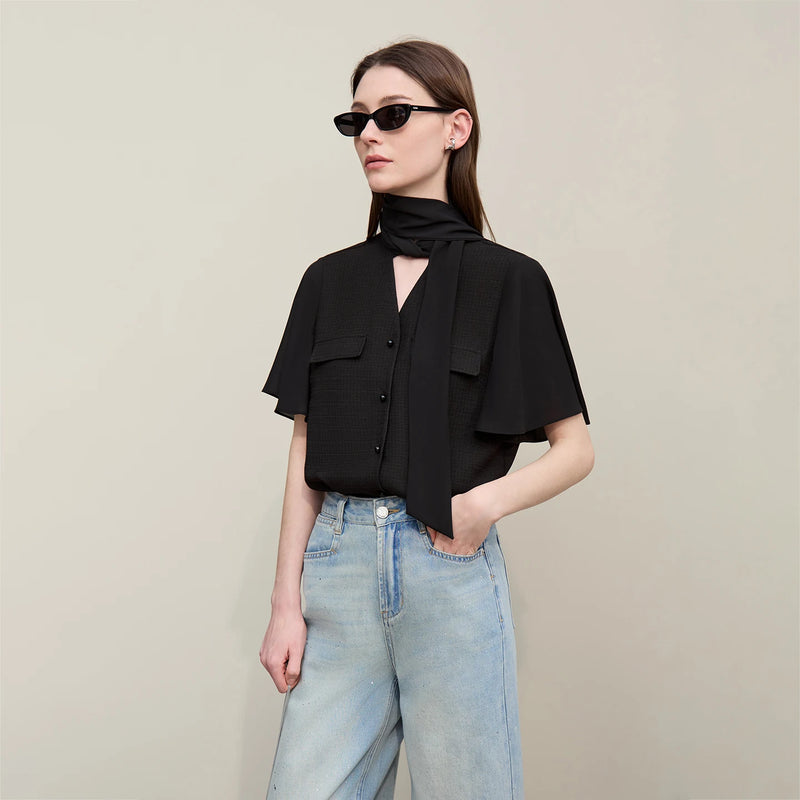 Amii Women's Chiffon Blouse 2026 Summer New Tie Neck Flutter Sleeve Acetate Top Elegant Casual Patchwork Blouse Female 12652043
