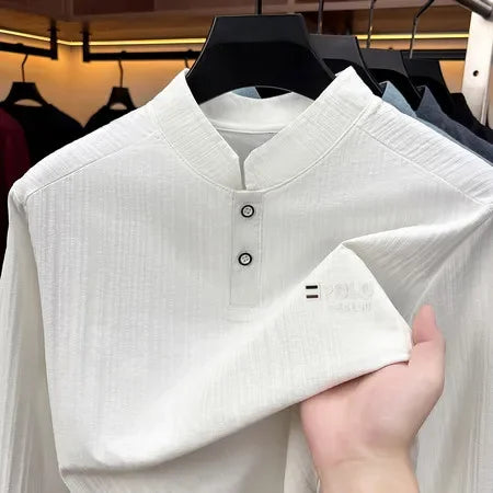 Breathable Vertical Texture Henley Pullover Men Long Sleeve Mandarin Collar Two Button Front Versatile Everyday Garment