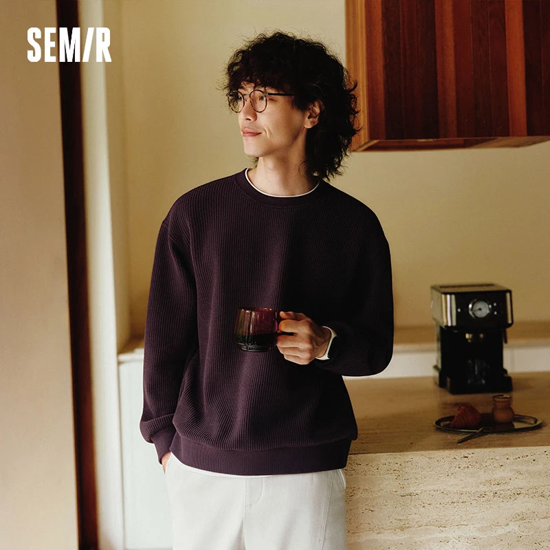 Semir Men Sweatshirt Fleece Lined Waffle Texture Layered Look Long Sleeve Everyday Style 2026 Winter Warm Layer Soft Comfort