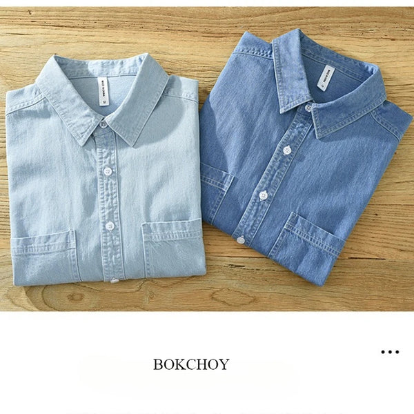 Summer New Simple Denim Cotton Short Sleeve Shirts for Men Clothing Slim Turn-down Collar Streetwear CM8853