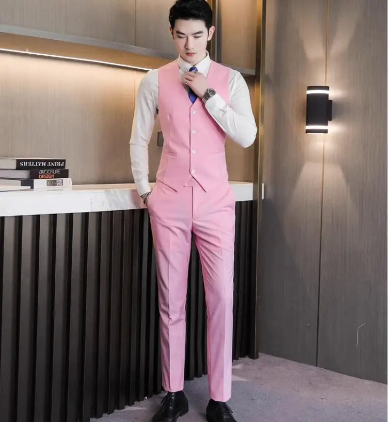 2026 Men's Bright Red V-Neck Sleeveless Vest with Pants, Green Gray Black White Purple Waistcoat and Trousers Asian Size Sets