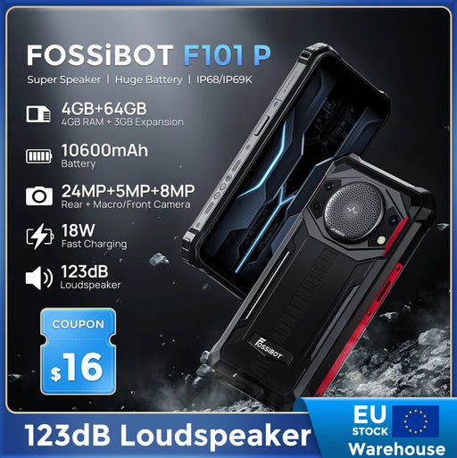 FOSSiBOT F101P,10600mAh Battery, 4GB RAM 64GB ROM, 24MP, Large Speaker, 5.45 inch HD+Water Droplet Screen, IP68 Waterproof