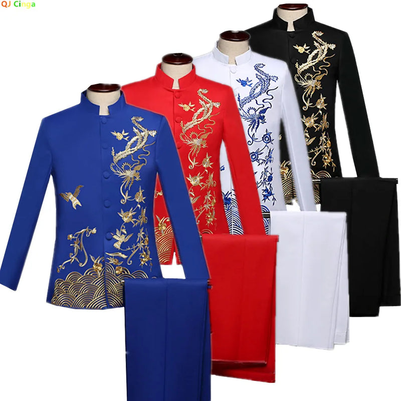 Chinese-style Men's Two-piece Suit Set Featuring A Jacket with Gold Embroidery and Matching Pants, Available in Red,White,Black.