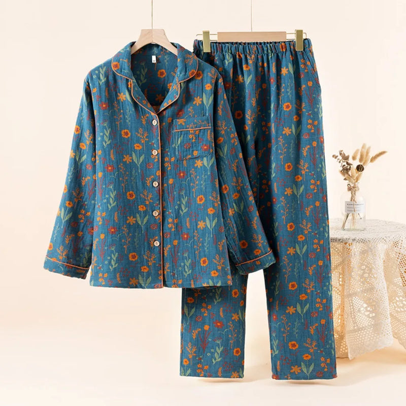 Floral Nightwear for Women Pajama Pure Cotton Sleepwear for Spring and Autumn Long Sleeve Two Piece Home Clothes Pyjama Femme