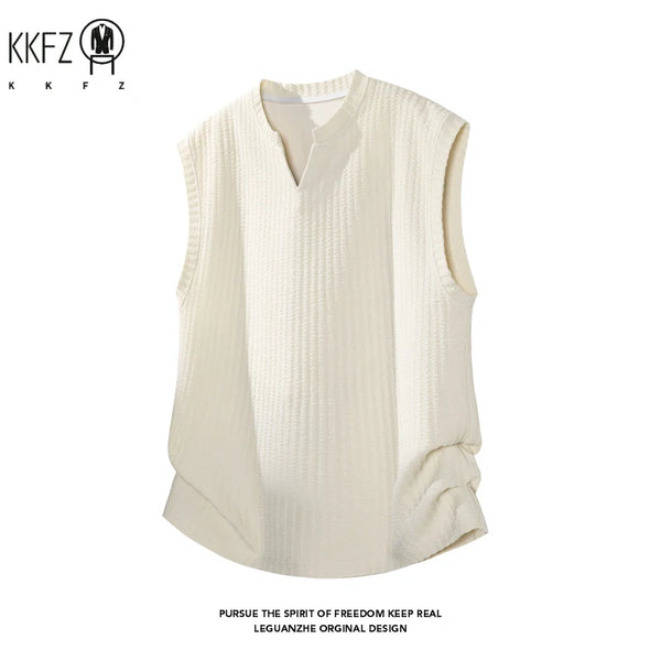 Mens Vertical Ribbed Knit Sleeveless Vest Notched Collar Oversized Cutting Suitable For Vacation Dating And Casual Scenes