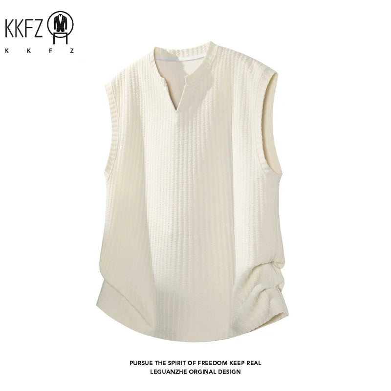 Mens Vertical Ribbed Knit Sleeveless Vest Notched Collar Oversized Cutting Suitable For Vacation Dating And Casual Scenes