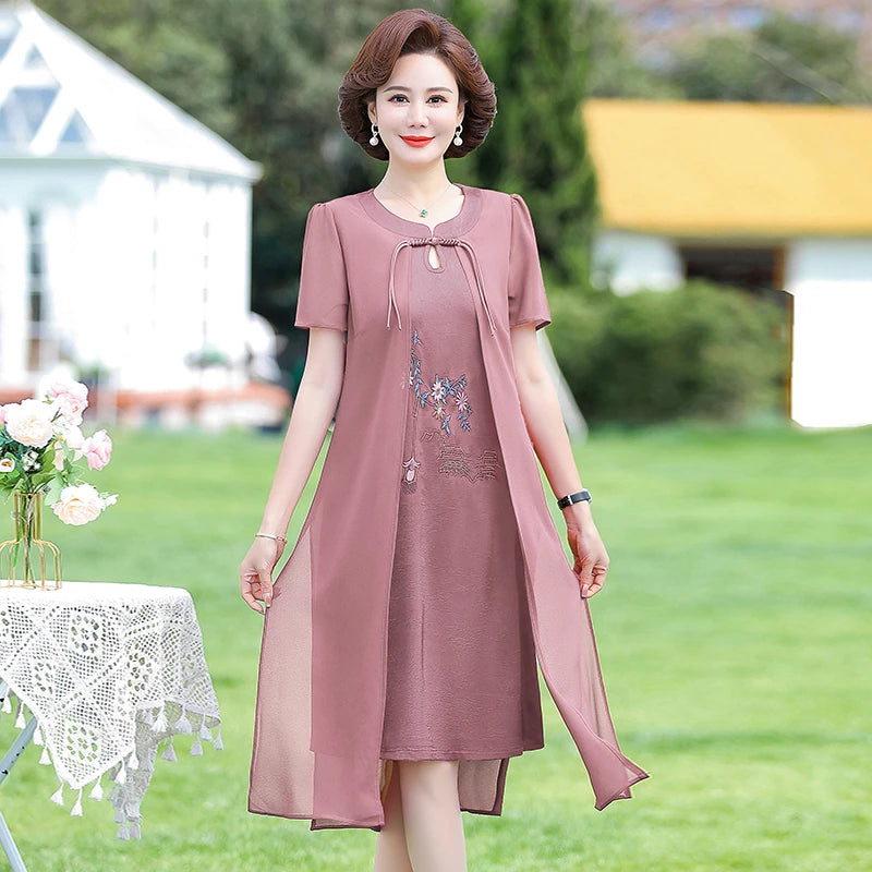 រ៉ូបប៉ាក់ chiffon ម៉ូដរដូវក្តៅសម្រាប់ស្ត្រីអាយុ ៤០ ឆ្នាំ និង ៥០ ឆ្នាំ រចនាប័ទ្មរដូវក្តៅ សំពត់ពោះថ្លៃថ្នូរបែប Retro