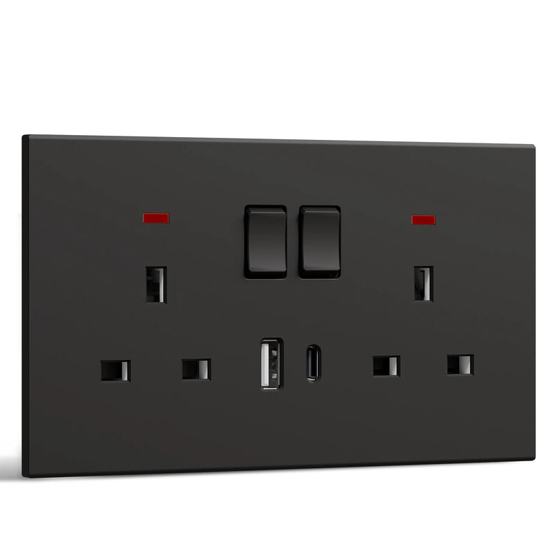 BSEED UK Standard Switched Wall Socket with USB Type-C Port 13A Electric UK Outlet with Switch On Off Integrated Panel Plastic