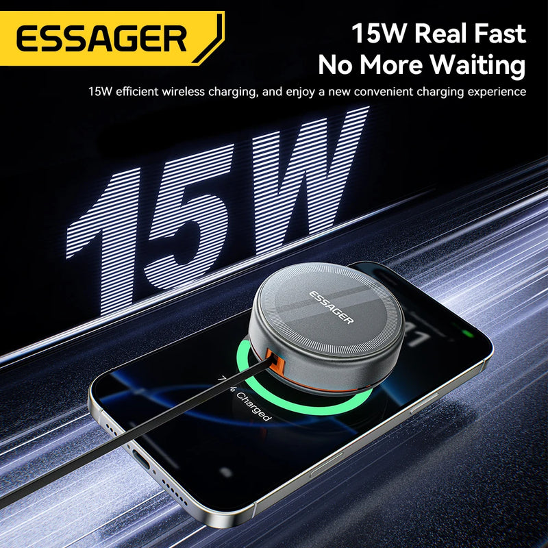 ឆ្នាំងសាកឥតខ្សែ Essager 15W 3 ក្នុង 1 ជាមួយខ្សែប្រភេទ C ដែលអាចដកបានប្រវែង 96 សង់ទីម៉ែត្រ សម្រាប់ iPhone 16 15 14 13 Pro Max Airpods នាឡិកា