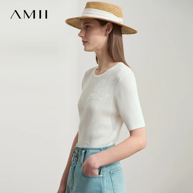 AMII Minimalism Office Lady 2026 Summer Sweater Women Half Sleeve O-Neck Solid Sweaters Fashion Slim Knitted Tees Tops 12552057
