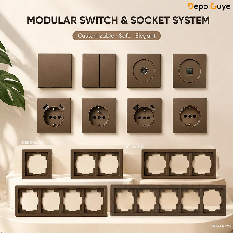 Brown EU Russia Socket with USB TypeC+A Double French 1 2 Gang TV Computer CAT6 Switch DIY Function Parts Plastic Frames