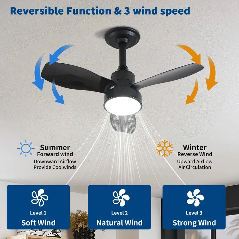 24-32 Inch Ceiling Fan Intelligent Remote Control 3speed with 3Color Lights Fan Nordic Style for Bedroom Dining Room Living Room