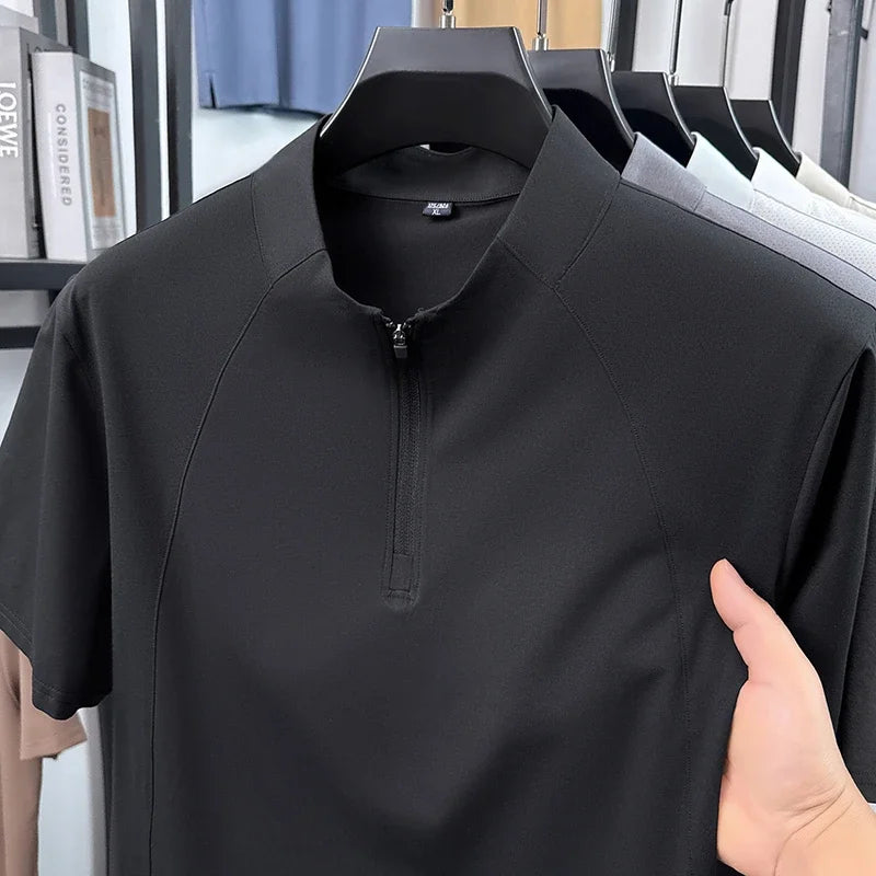Mens Comfortable Quarter Zip Polo Shirt Short Sleeve Stand Collar Soft Touch Daily Wear Top
