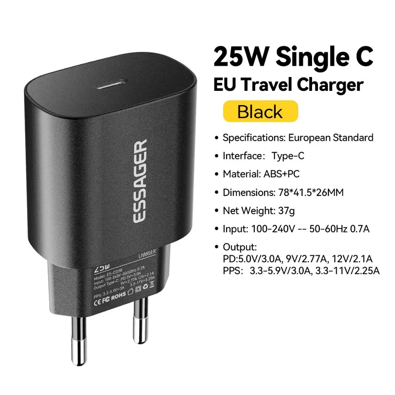 ឆ្នាំងសាក Essager 25W USB C PD ឆ្នាំងសាកសាកលឿន ឆ្នាំងសាកទូរស័ព្ទរហ័សសម្រាប់ iPhone 16 15 Pro Max Xiaomi 14 Oneplus Xiaomi Samsung