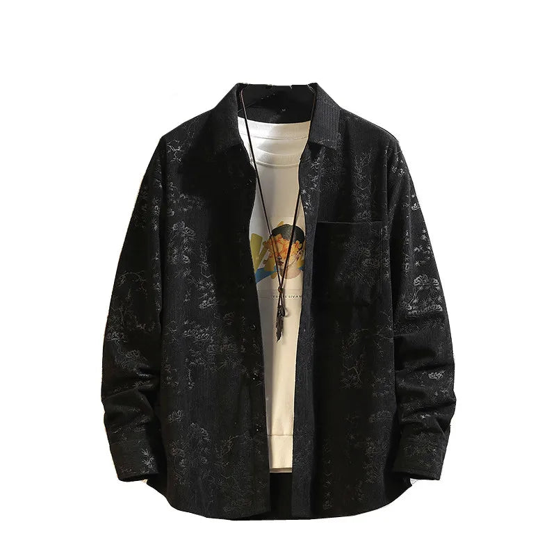 Men's Black Long-sleeve Printed Shirt, Single-breasted Button-down Shirts, Suitable for Weddings, Parties, Business,Casual Wear.
