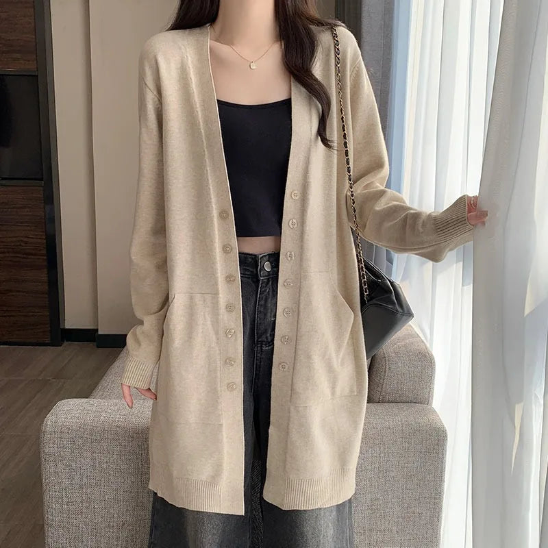 Spring Autumn Middle-long Knitwear Top New Cardigan Women's Sweater Jacket Casual Knitting Woolen Coat Woman Clothing Pocket