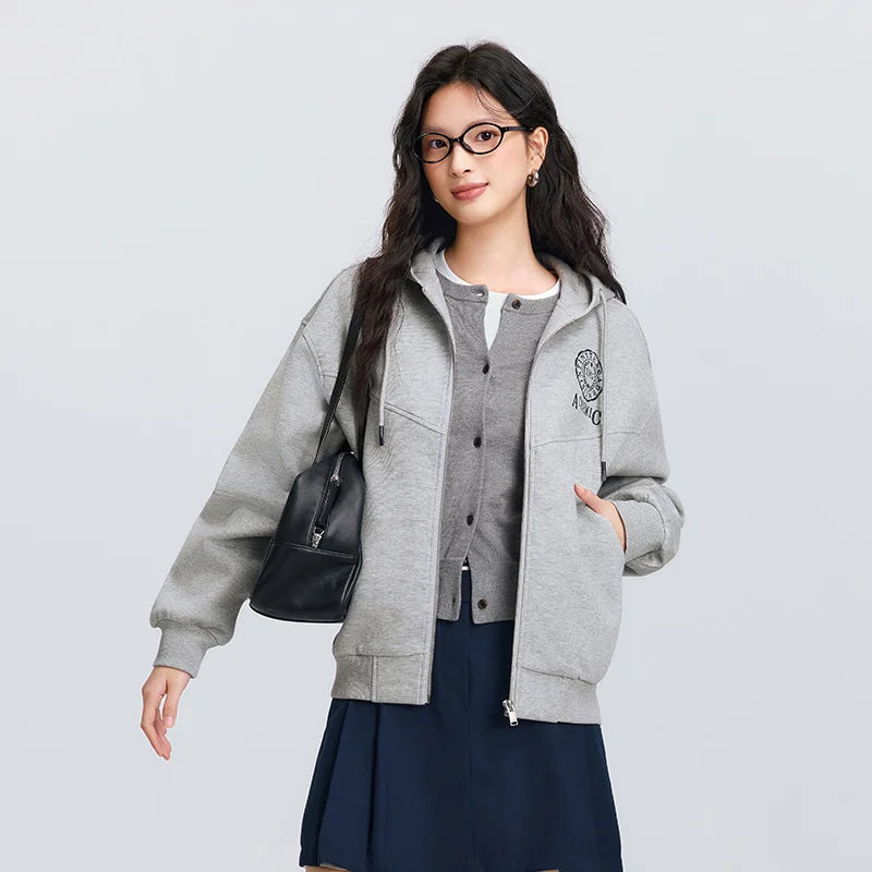 Semir Textured Jacket Women Spring Hooded Letter Embroidery Loose Drop Shoulder Split Design Preppy Style Casual Top