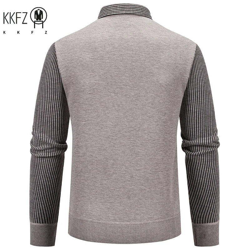 Daily Casual Male Knitted Pullover Fake Two Piece Waistcoat Fleece Lined Vertical Stripe Shirt Collar Slim Long Sleeve Garment