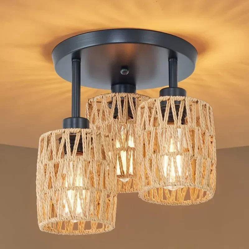 JOYINLED Rope Hemp Pendant Lights 3-Lights Rattan Light Ceiling Hanging Farmhouse Chandelier Lighting Hand Woven Wicker Shades