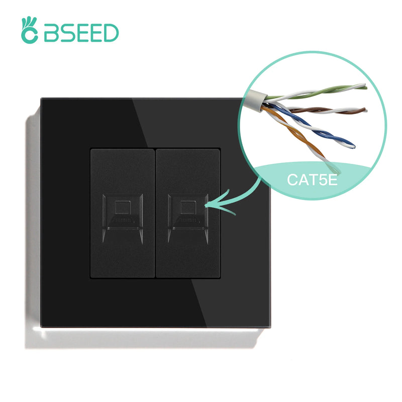 BSEED Double CAT5 Network Data Socket Internet RJ45 CAT6 PC Wall Outlet  EU Standard Tempered Glass Panel White Black Golden
