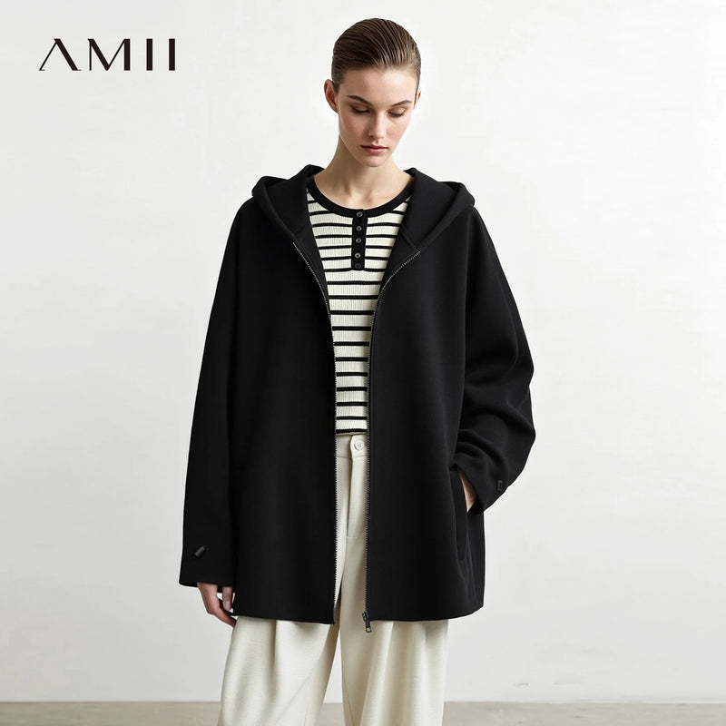 Amii Mid-Length Zip Up Hooded Loose Fit Drop Shoulder Minimalist Casual Commuter Winter 2026 Women's Knit Jacket 12654002