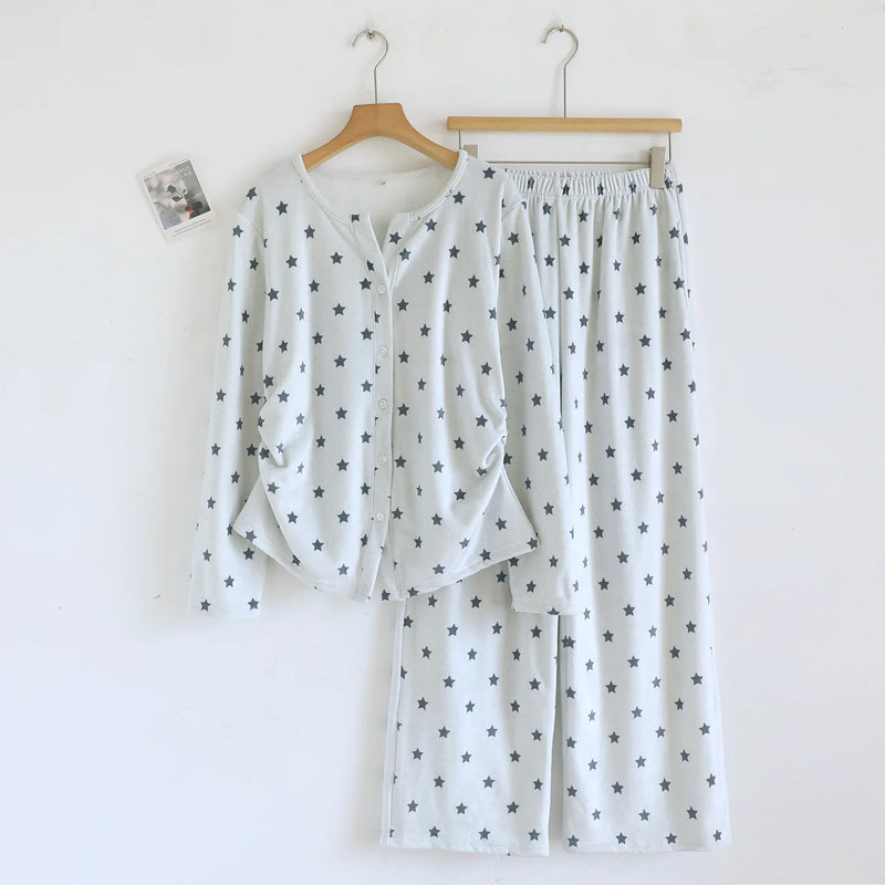 Warm Women's Pajamas Soft Pijamas Set for Women Home Suit Autumn Winter Printed Sleepwear Casual Two-piece Trousers Homewear