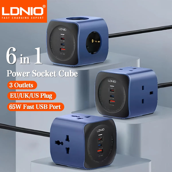 បន្ទះ ភ្លើង LDNIO Cube ការពារ ចរន្ត អគ្គិសនី លើស កម្រិត មាន រន្ធ ដោត AC ចំនួន 3 សាក ថ្ម លឿន USB-C ខ្សែភ្លើង បន្ថែម 2 ម៉ែត្រ អាច តោង បើក/បិទ បាន