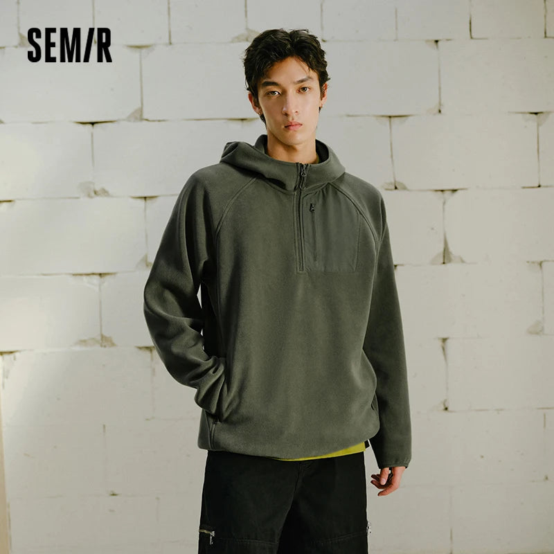 Semir Men Hooded Hoodies Antistatic Polar Fleece Outdoor Panel Design Water Repellent Raglan Sleeve 2026 New Winter Daily Wear