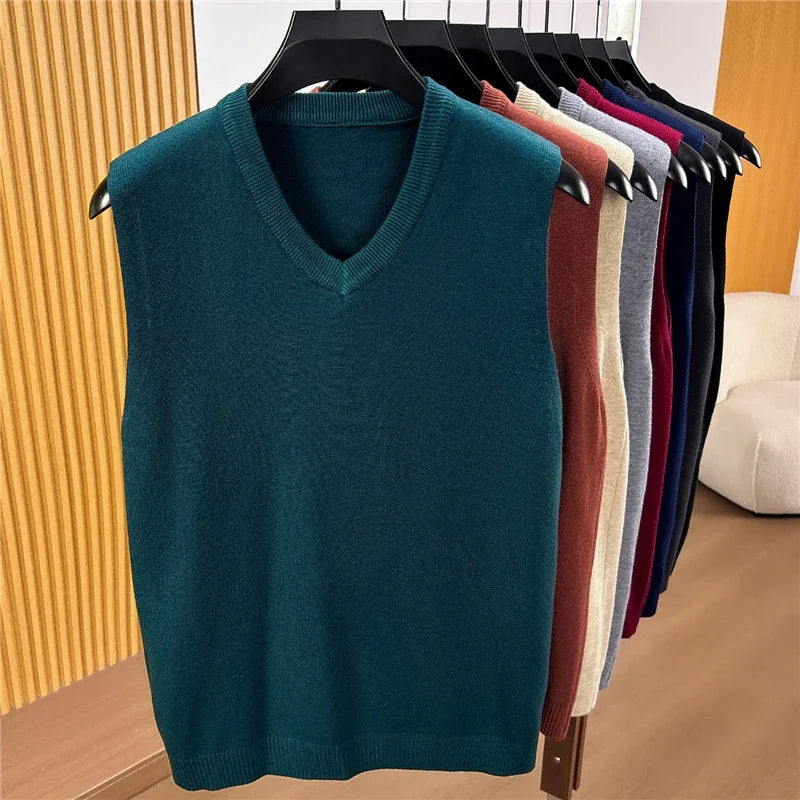 Fall Mens V Neck Knitted Waistcoat Sleeveless Sweater Vest Comfortable Knit Top For Business Daily Outfit Matching