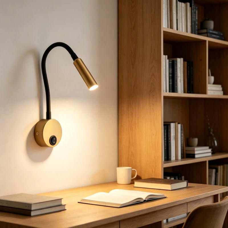 JOYINLED Black/Gold 3W Gooseneck Wall Lamp Flexible Adjustable with Switch Work Study Sconce Bedroom Bedside Reading Night Light