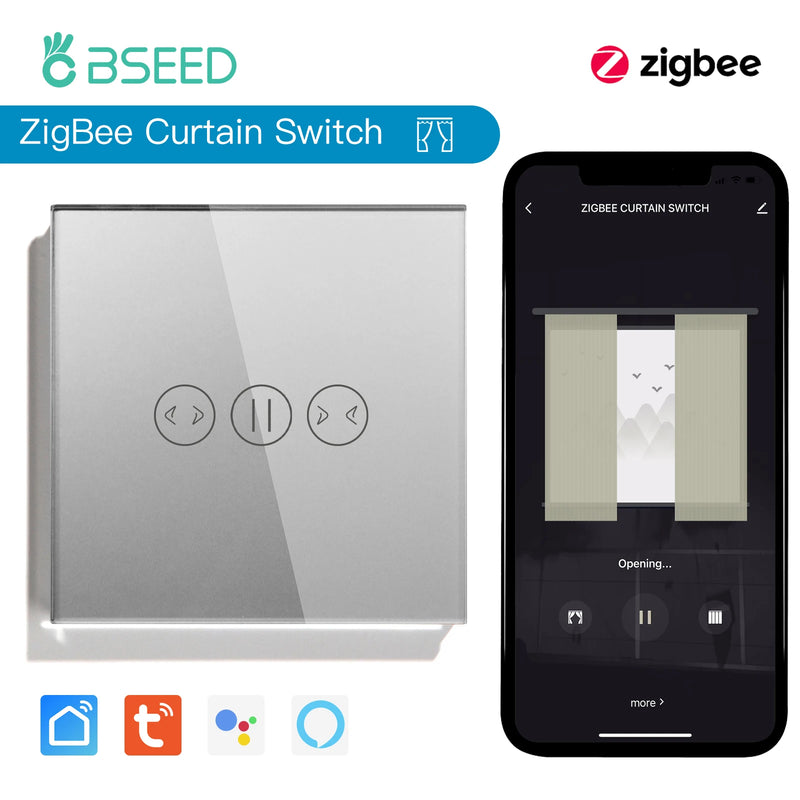 BSEED Zigbee Curtain Switch Wireless Smart Curtain Switch Tuya Google Home Alexa Voice Control Glass Panel 5A With Neutral