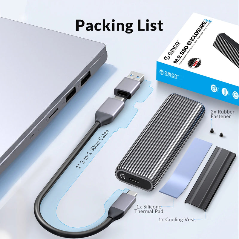 ORICO Tool Free Aluminum M2 NVMe SSD Enclosure 10Gbps PCIe Type C M.2 SSD Case NVMe M Key Solid State Drive Case Support UASP