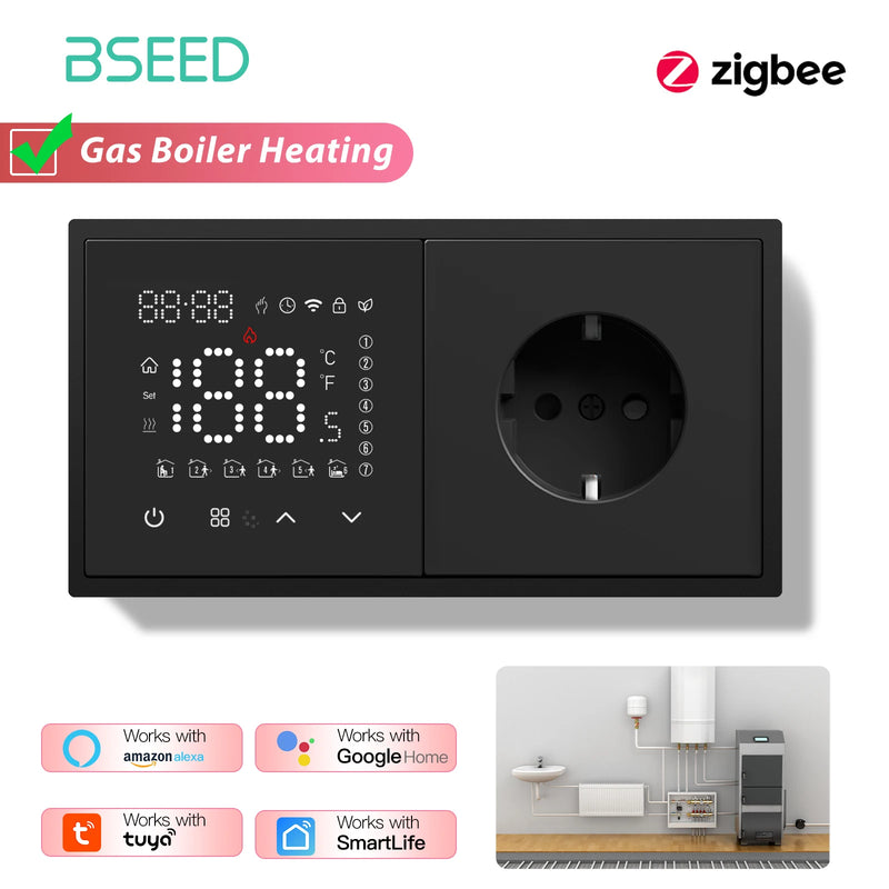BSEED Zigbee Thermostat Smart Electric Floor Heating Water Boiler With Socket Alexa Google Temperature Controller Plastic Frame