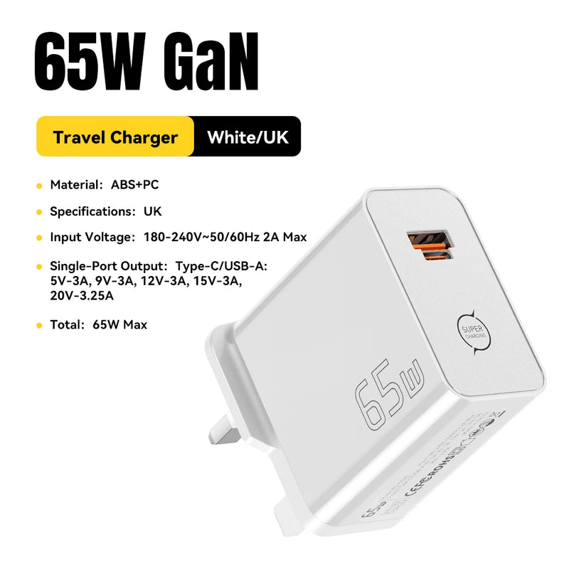 ឆ្នាំងសាក ESSAGER 65W GaN PD3.0 PPS QC4.0 ឆបគ្នាយ៉ាងពេញលេញសម្រាប់ iPhone 17 16 Samsung S26 MacBook Air Huawei Laptop PD Fast Charger