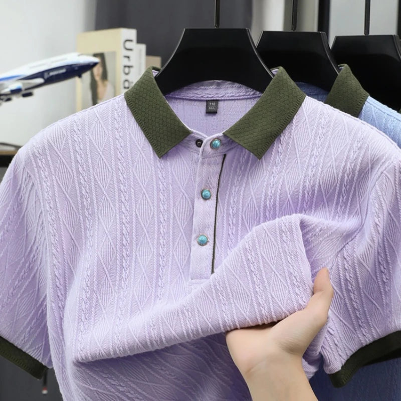 Men's Cable Knit Polo Shirt, Ultra-Soft Cotton Feel Fabric, Business Casual Short Sleeve Shirt with Ribbed Collar